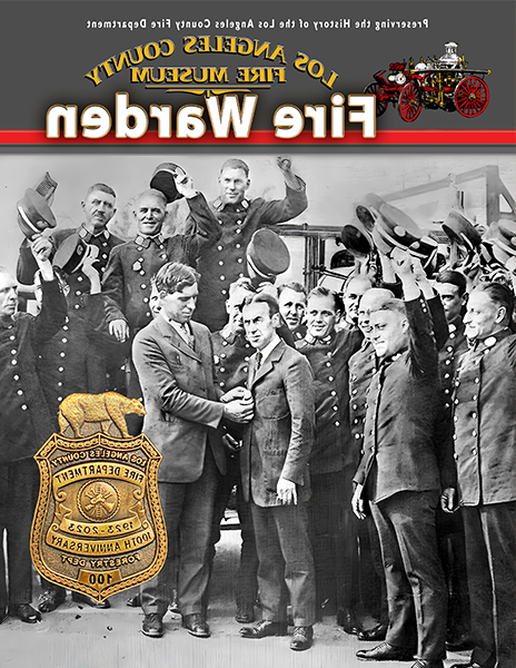 Preserving the History of the Los Angeles County Fire Department, Fire Warden, 16400 Bellflower Blvd, Bellflower, CA Volume 32-1-2024 written on top of a photo of Chief Flintham geetting his new Chief badge pinned on by Dept. Chiefs.